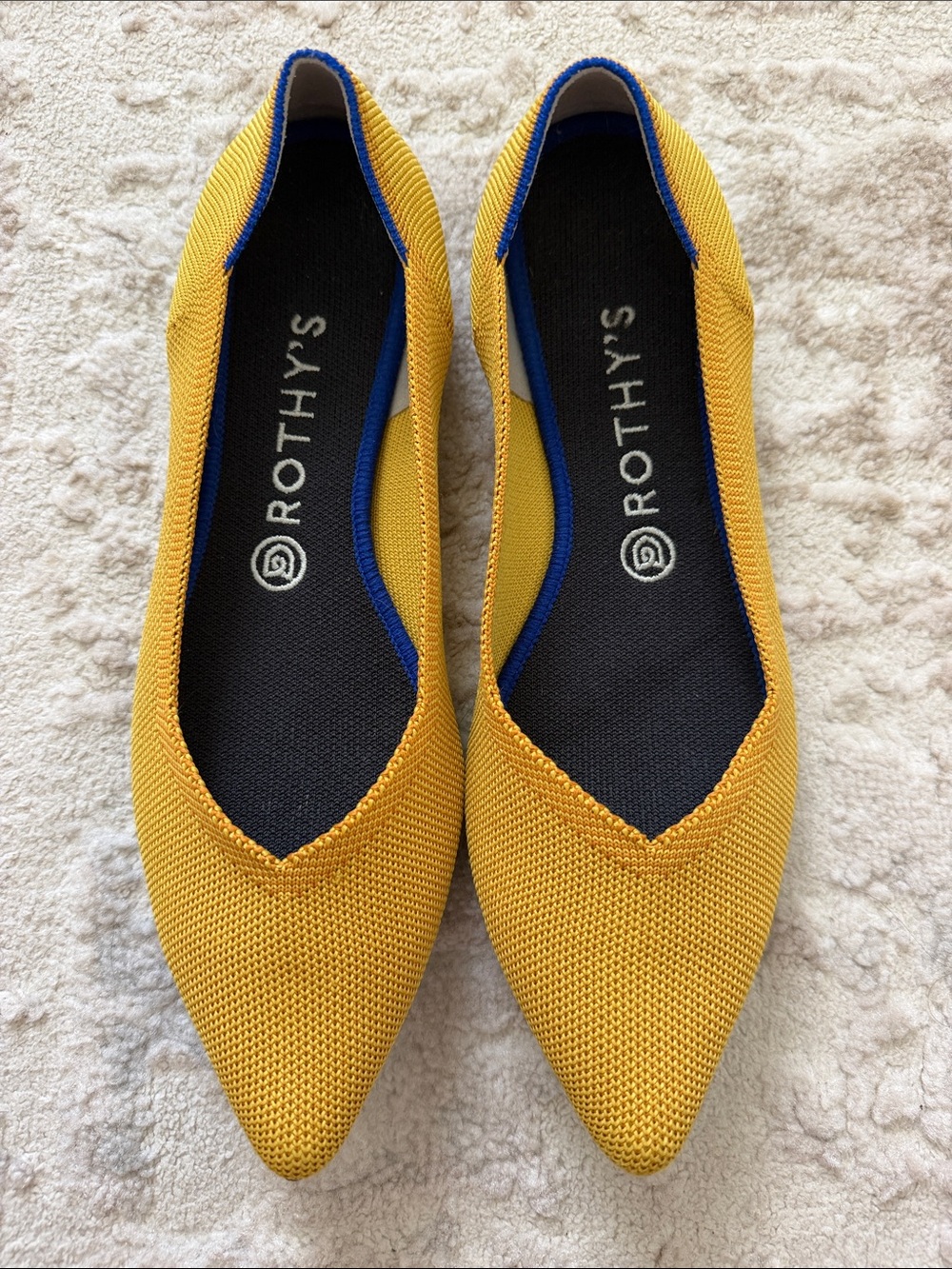 Rothy's Pointed Knit Flats in Yellow with Blue Trim